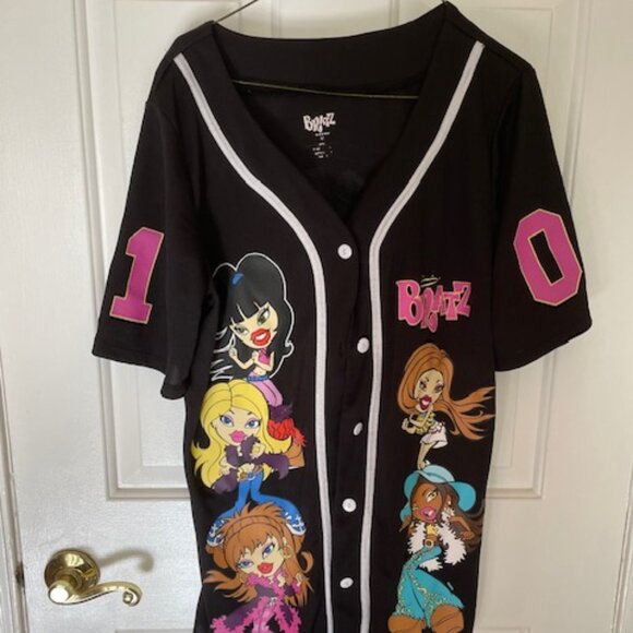 BRATZ Ladies Dolls Black Baseball Jersey multi color button shirt w/ graphics XL - Picture 1 of 3